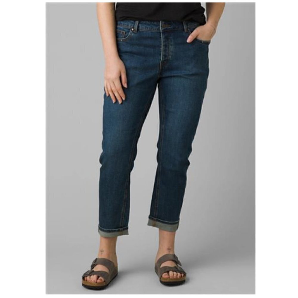 Prana Buxton Slim Boyfriend Jeans Cropped Button Fly Deep Blue Size 6/28 NWT